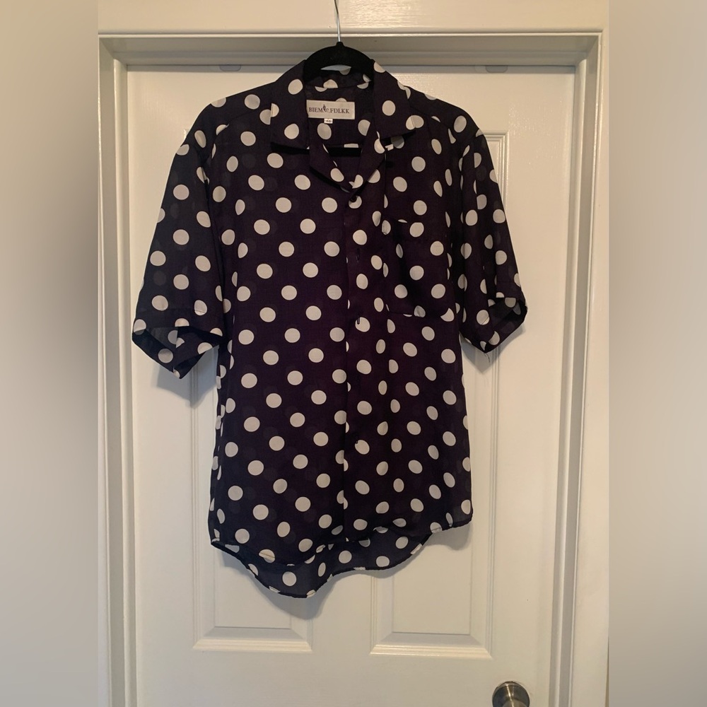 Nwot BIEM.L.FDLKK Navy and White Polka Dot Shirt